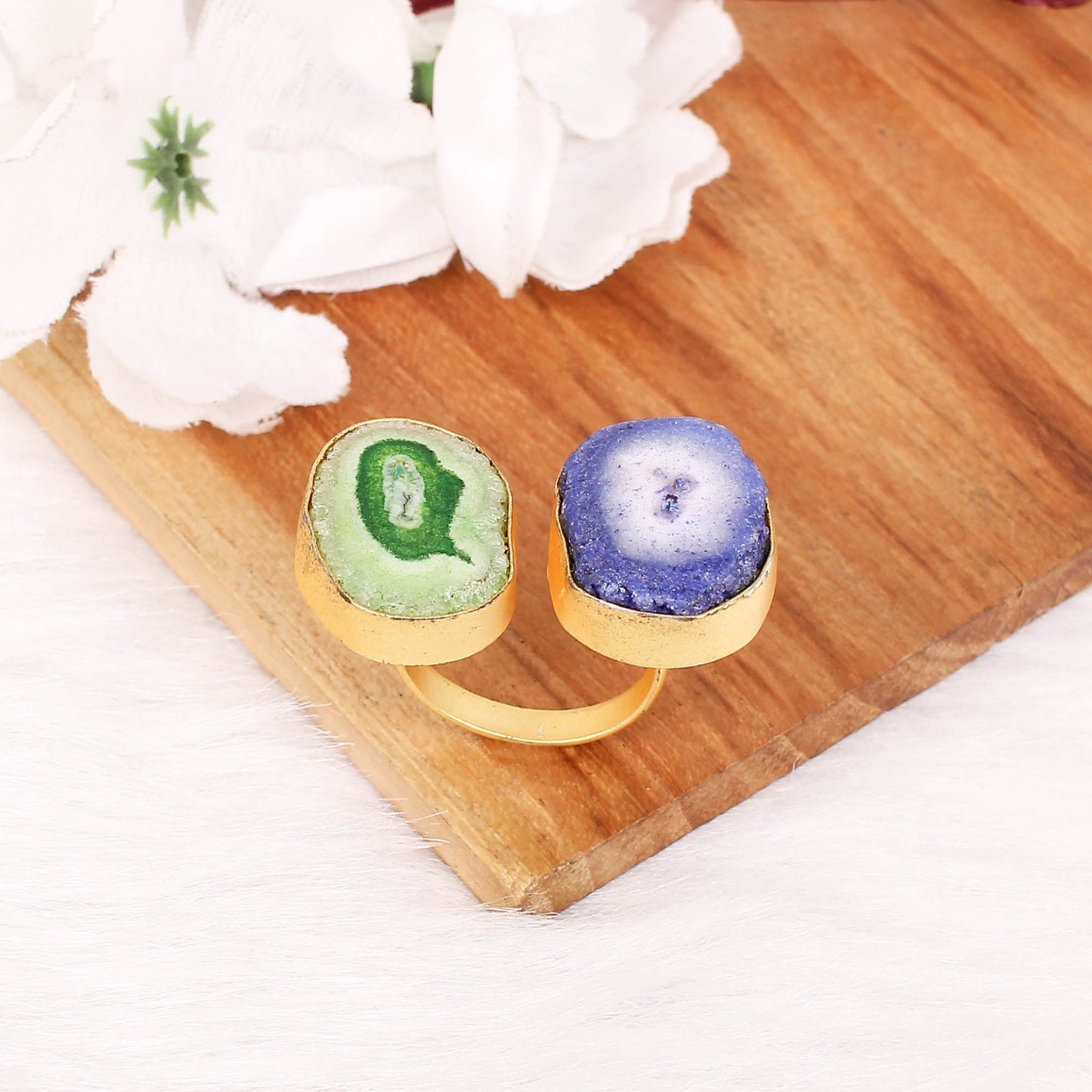 Natural Green & Blue Solar Quartz Druzy Gold Plated Adjustable Brass Ring