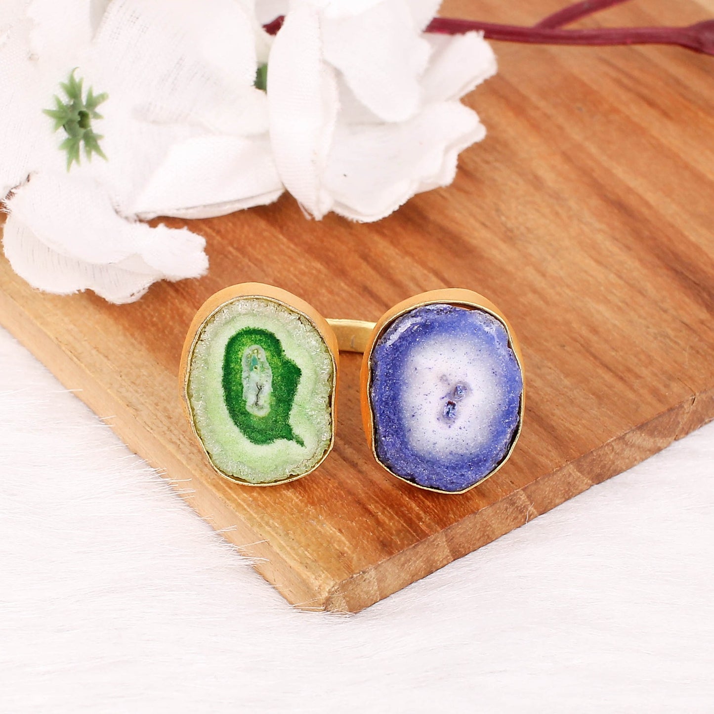 Natural Green & Blue Solar Quartz Druzy Gold Plated Adjustable Brass Ring