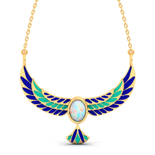 Ethiopian Opal Enamel Eagle Bird Gold Plated Pendant With Chain