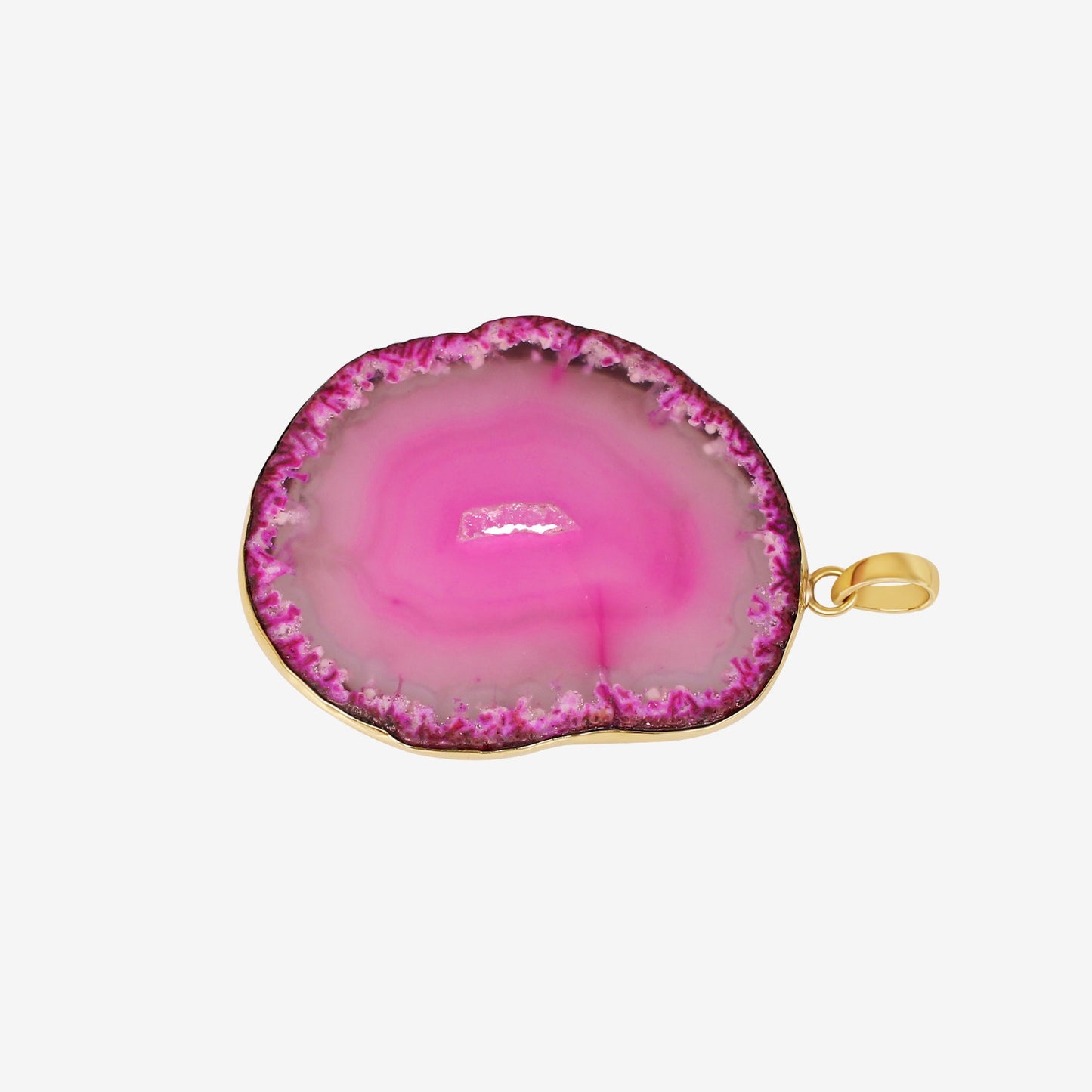 Pink Brazilian Slice Agate Gold Plated Brass Pendant