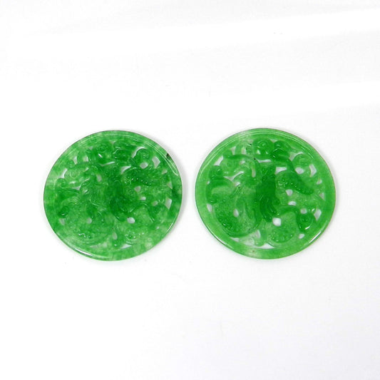 1 Pair Green Jade Carving 35mm Round 36.45 Cts