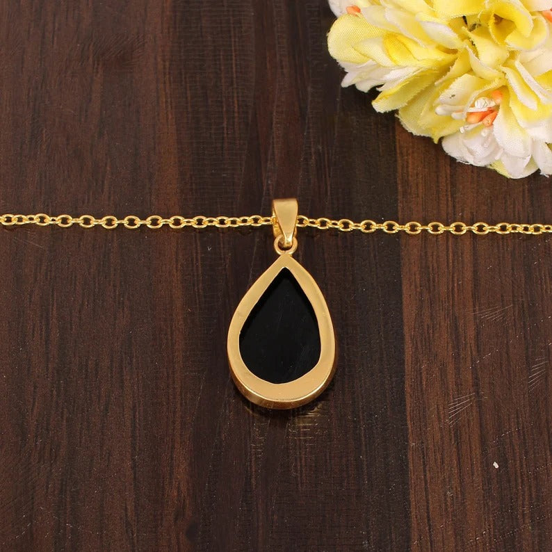 Natural Black Onyx Gemstone Gold Plated Necklace