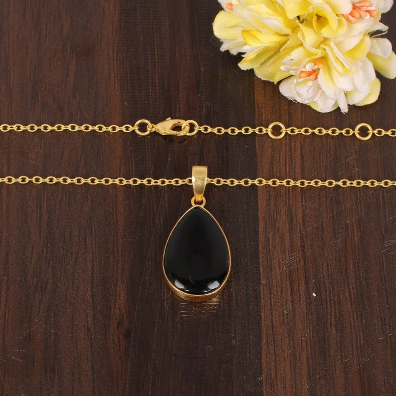 Natural Black Onyx Gemstone Gold Plated Necklace