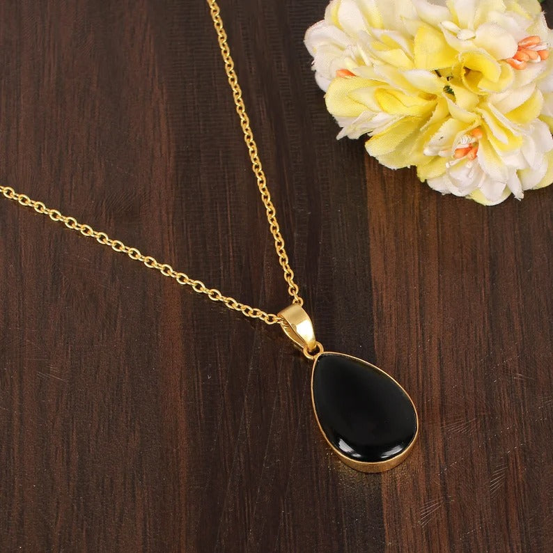 Natural Black Onyx Gemstone Gold Plated Necklace