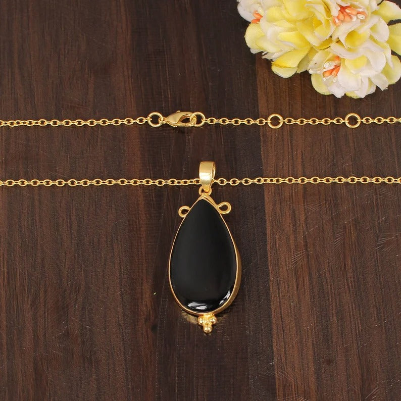 Black Onyx Gemstone Gold Plated Brass Necklace