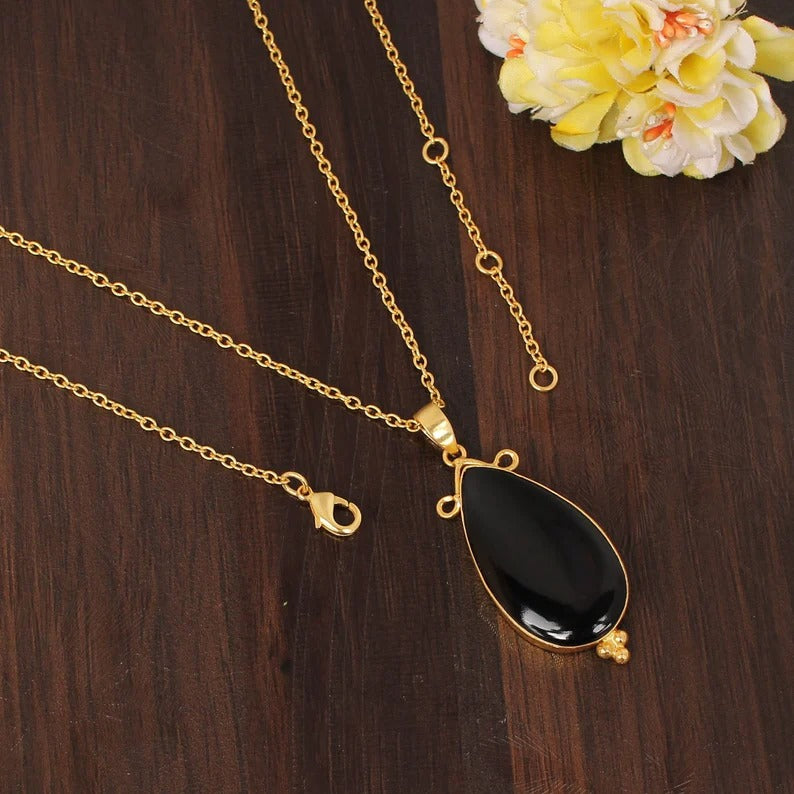 Black Onyx Gemstone Gold Plated Brass Necklace