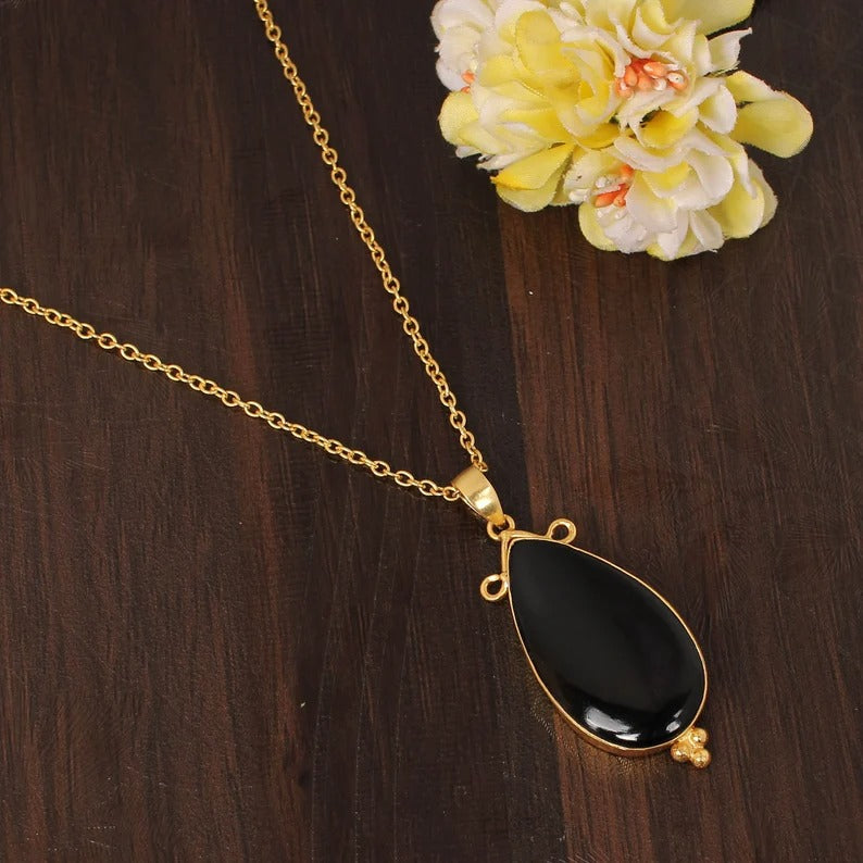 Black Onyx Gemstone Gold Plated Brass Necklace