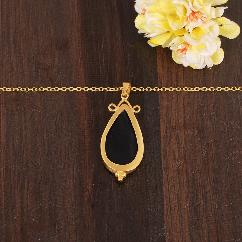 Black Onyx Gemstone Gold Plated Brass Necklace