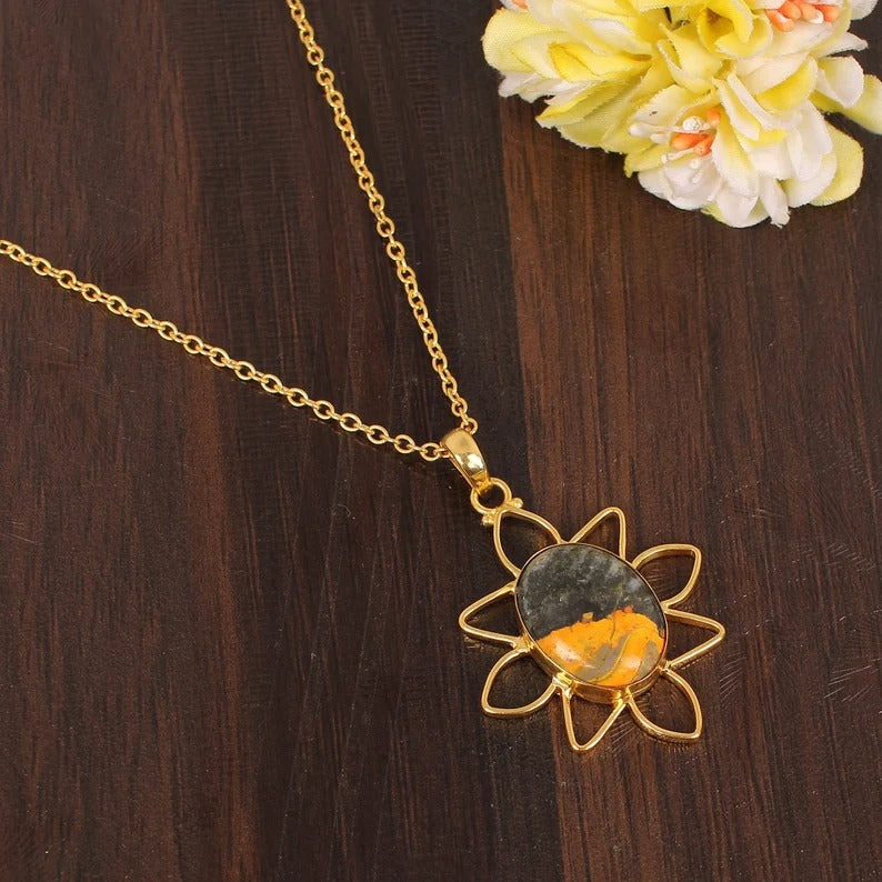 Natural Bumble Bee Jasper Gemstone Gold Plated Brass Necklace