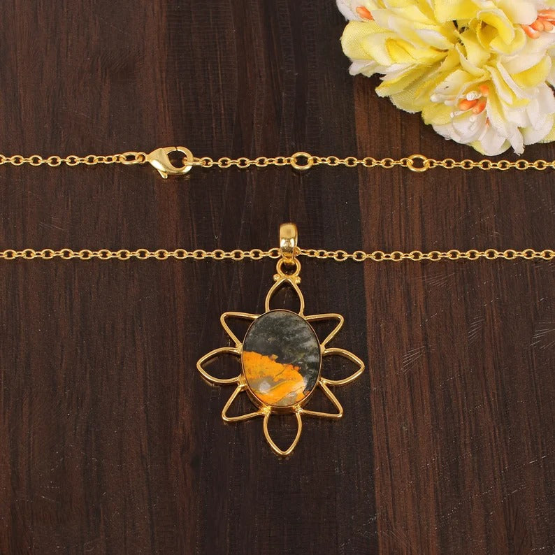 Natural Bumble Bee Jasper Gemstone Gold Plated Brass Necklace