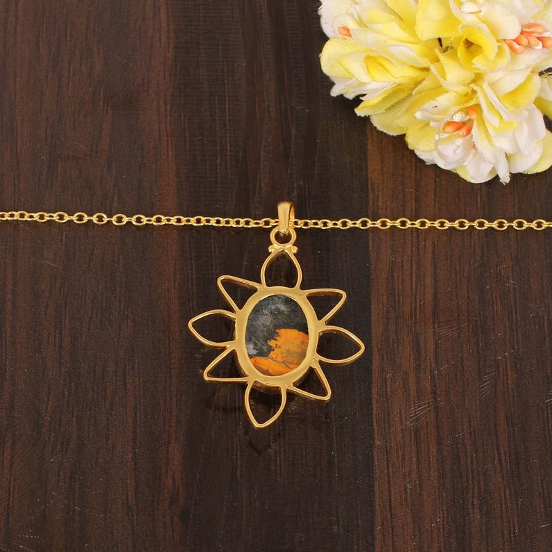 Natural Bumble Bee Jasper Gemstone Gold Plated Brass Necklace