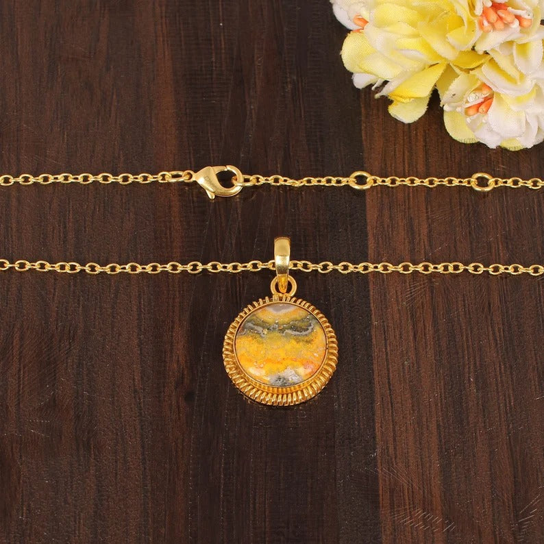 Natural Bumble Bee Jasper Gemstone Gold Plated Brass Necklace