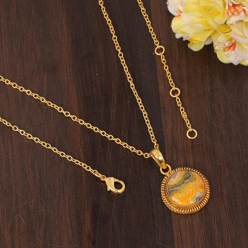 Natural Bumble Bee Jasper Gemstone Gold Plated Brass Necklace