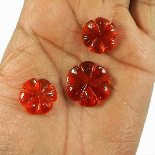 3 Pcs Red Glass 20x20mm Flower Carving 46.6 Cts