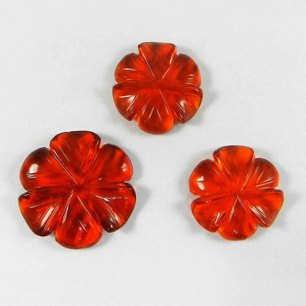 3 Pcs Red Glass 20x20mm Flower Carving 46.6 Cts