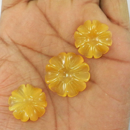 3 Pcs Yellow Glass 17x17mm Flower Carving 37.5 Cts