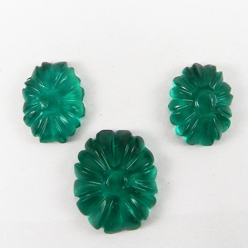 3 Pcs Green Glass 19x15mm Flower Carving 45.1 Cts