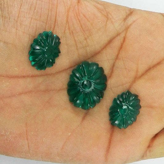 3 Pcs Green Glass 19x15mm Flower Carving 45.1 Cts