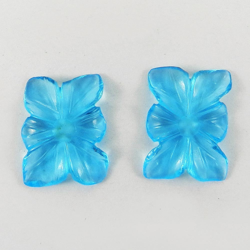 2 Pcs Blue Glass 20x15mm Flower Carving 15.6 Cts