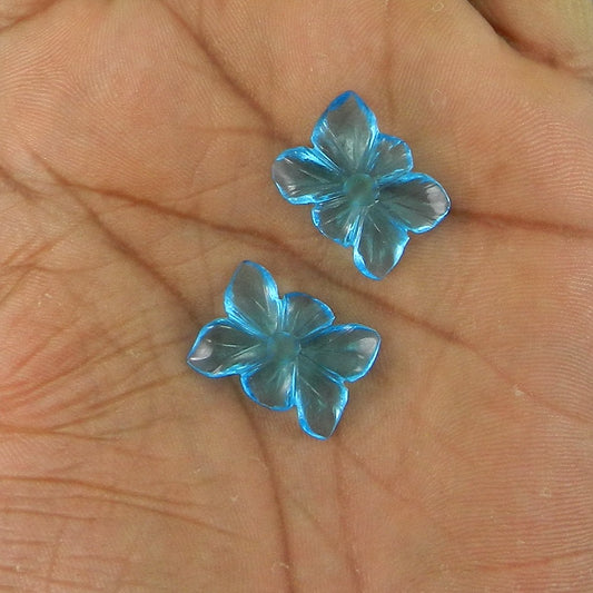 2 Pcs Blue Glass 20x15mm Flower Carving 15.6 Cts