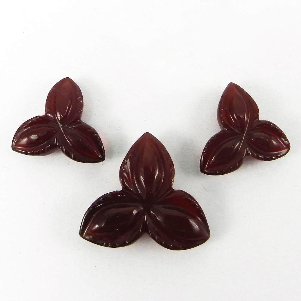 3 Pcs Red Glass 17x17mm Flower Carving 38.1 Cts