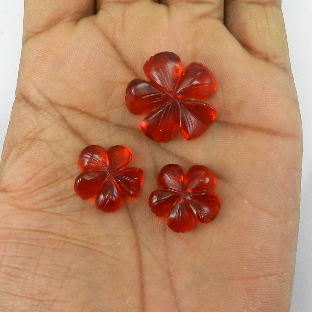 3 Pcs Red Glass 18x18mm Flower Carving 62.0 Cts