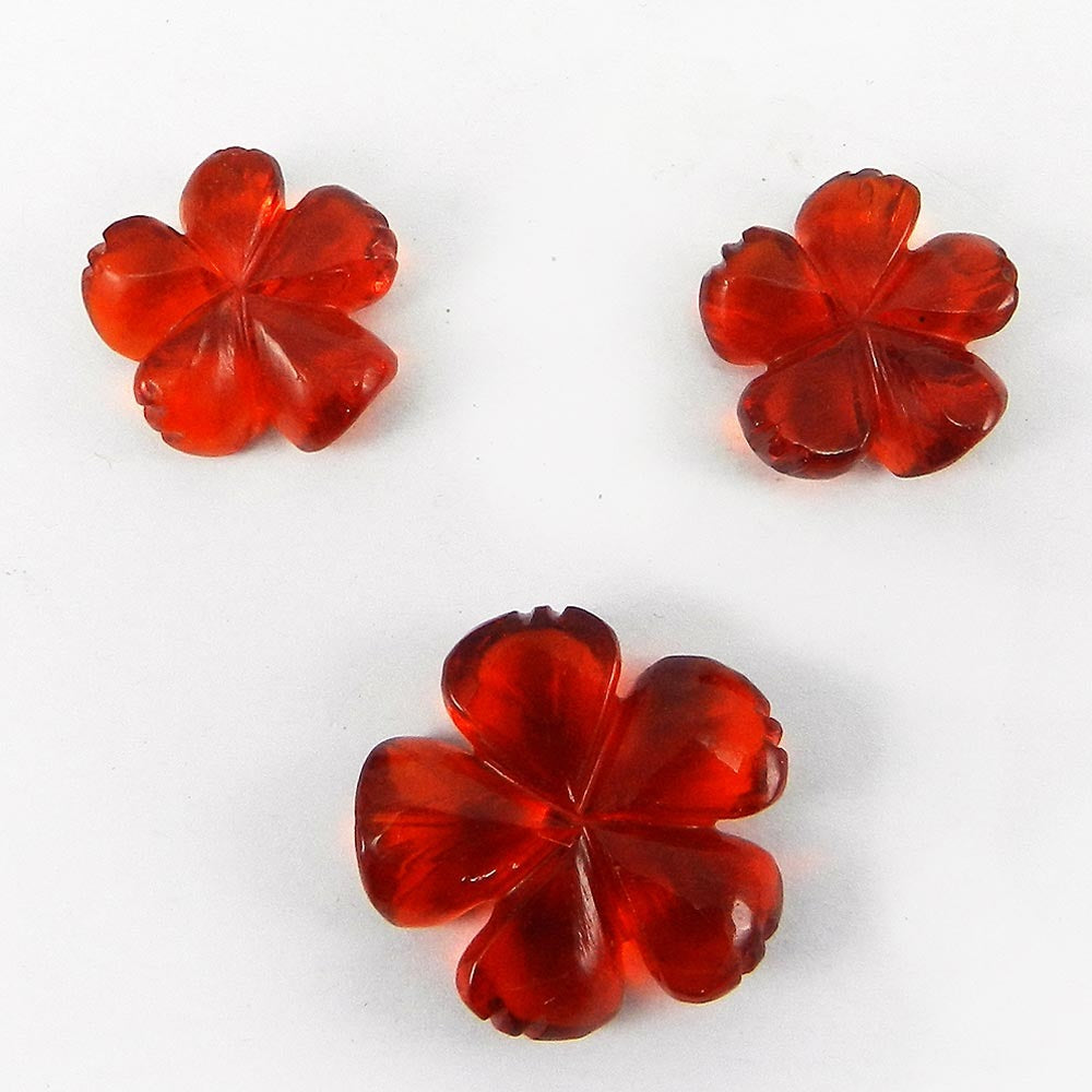 3 Pcs Red Glass 18x18mm Flower Carving 62.0 Cts