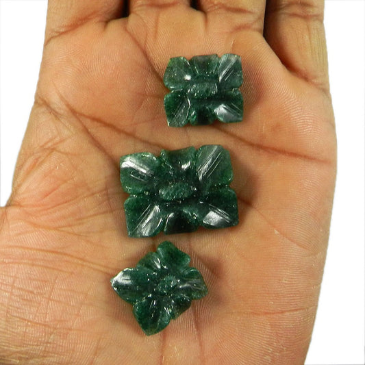 3 Pcs Green Aventurine 20x17mm Flower Carving 71.4 Cts