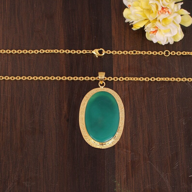 Natural Green Onyx Gemstone Gold Plated Brass Necklace