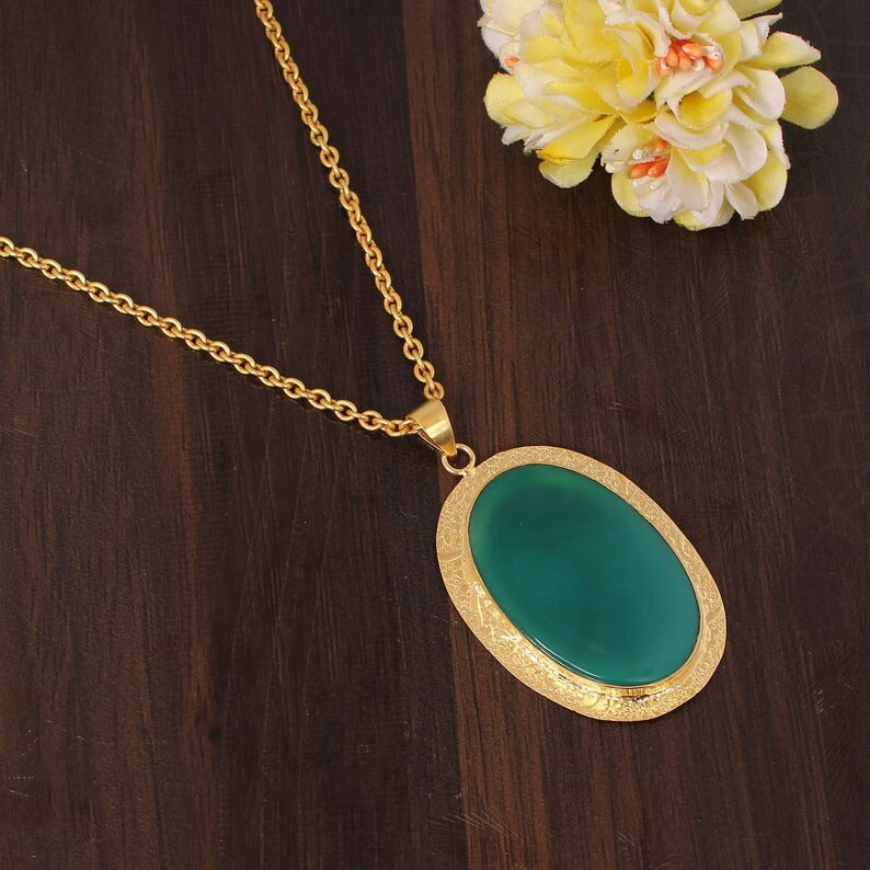 Natural Green Onyx Gemstone Gold Plated Brass Necklace