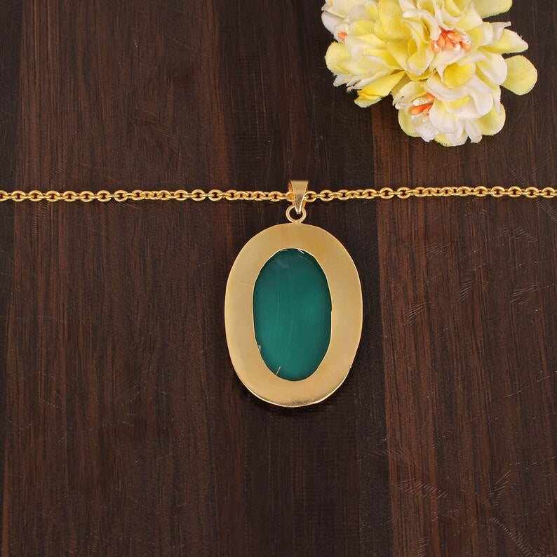 Natural Green Onyx Gemstone Gold Plated Brass Necklace