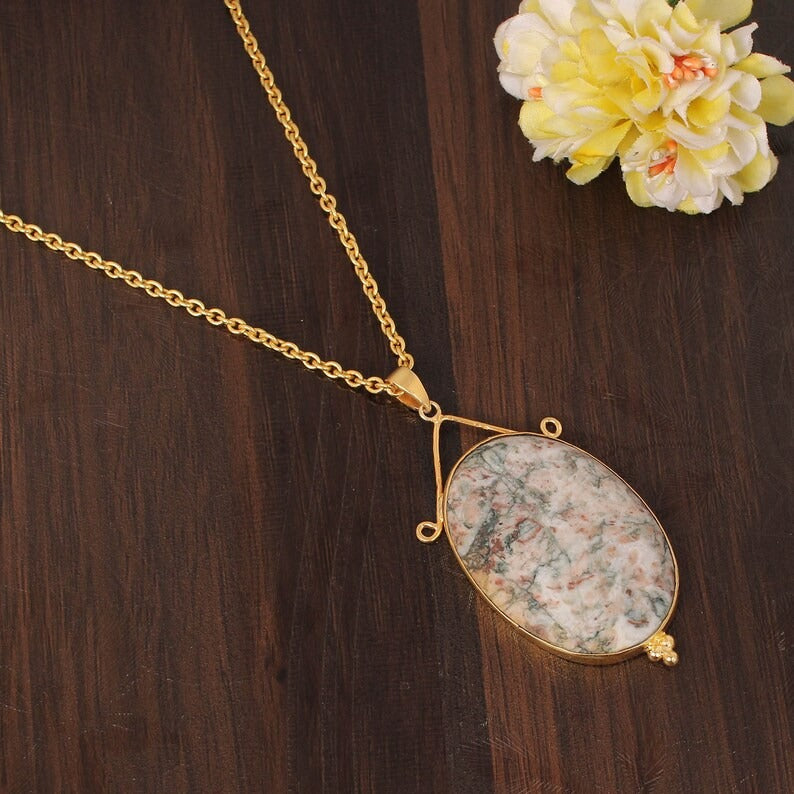 Natural Ocean Jasper Gemstone Gold Plated Necklace