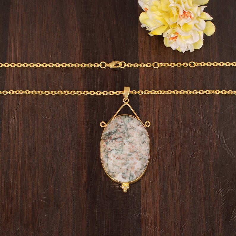 Natural Ocean Jasper Gemstone Gold Plated Necklace