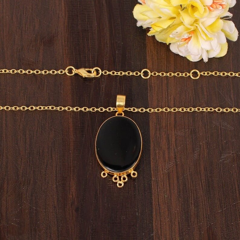 Black Onyx Gemstone Gold Plated Brass Necklace