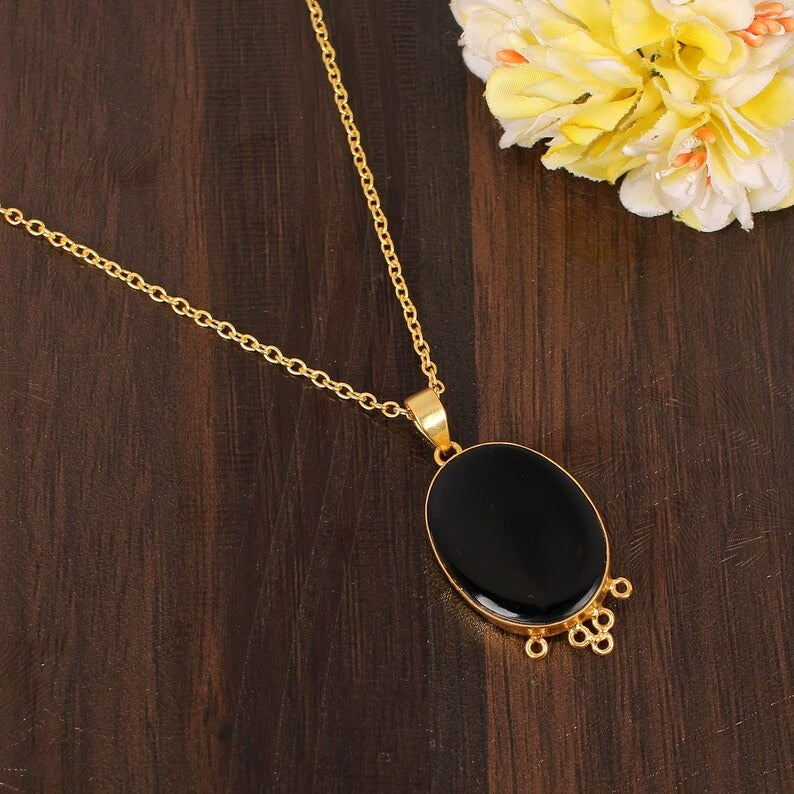 Black Onyx Gemstone Gold Plated Brass Necklace