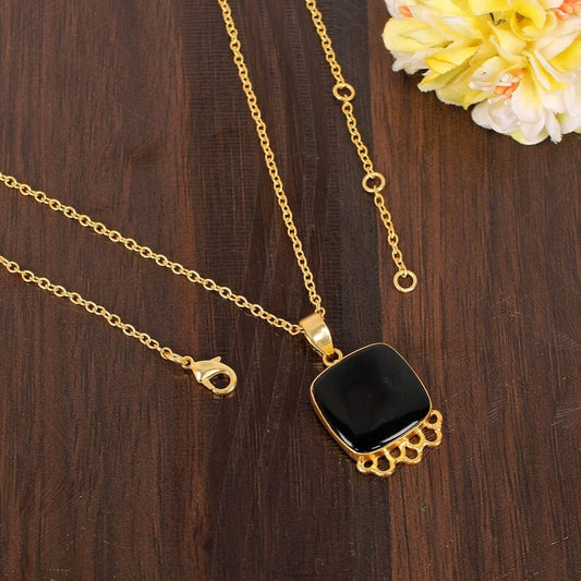 Black Onyx Cushion Cabochon Gemstone Gold Plated Brass Necklace