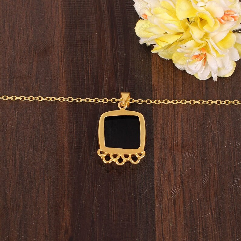 Black Onyx Cushion Cabochon Gemstone Gold Plated Brass Necklace