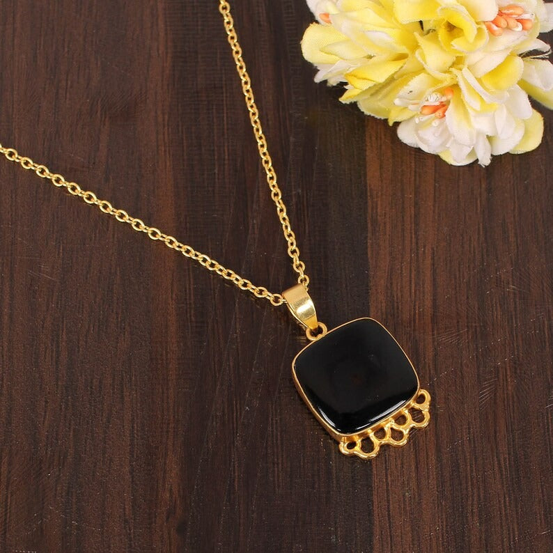 Black Onyx Cushion Cabochon Gemstone Gold Plated Brass Necklace