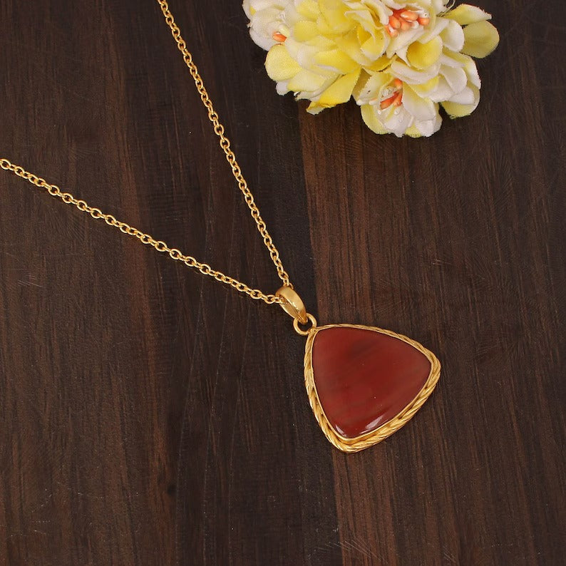 Red Sardonyx Gemstone Gold Plated Brass Necklace