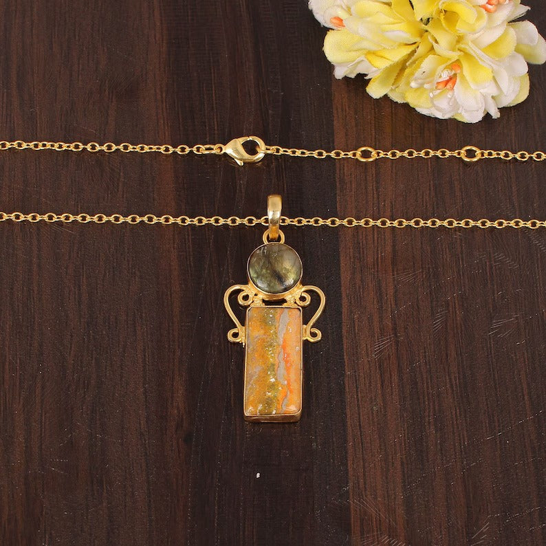 Natural Labradorite & Bumble Bee Jasper Gemstone Gold Plated Necklace