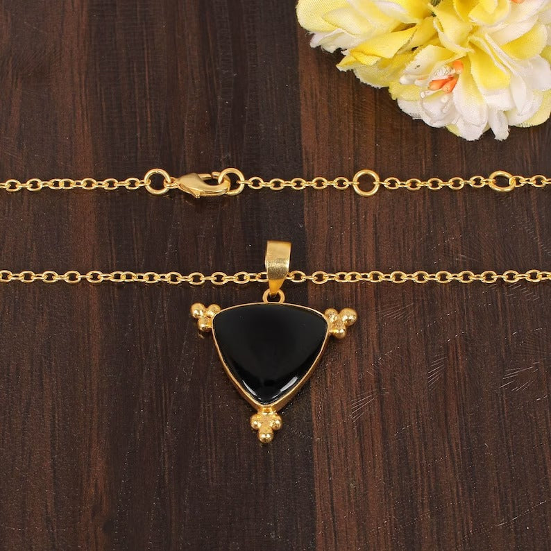 Black Onyx Gemstone Gold Plated Brass Necklace