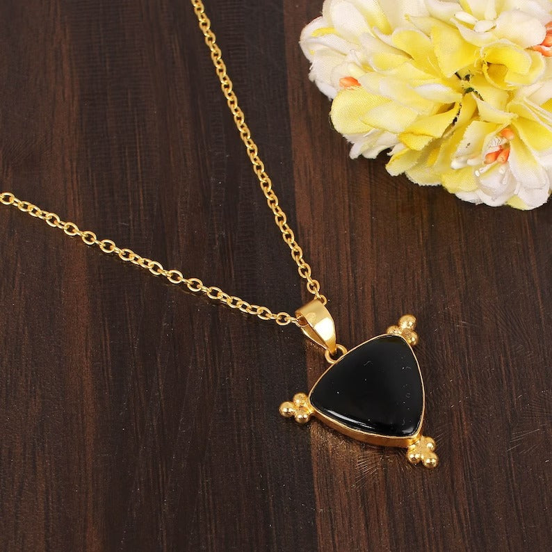 Black Onyx Gemstone Gold Plated Brass Necklace