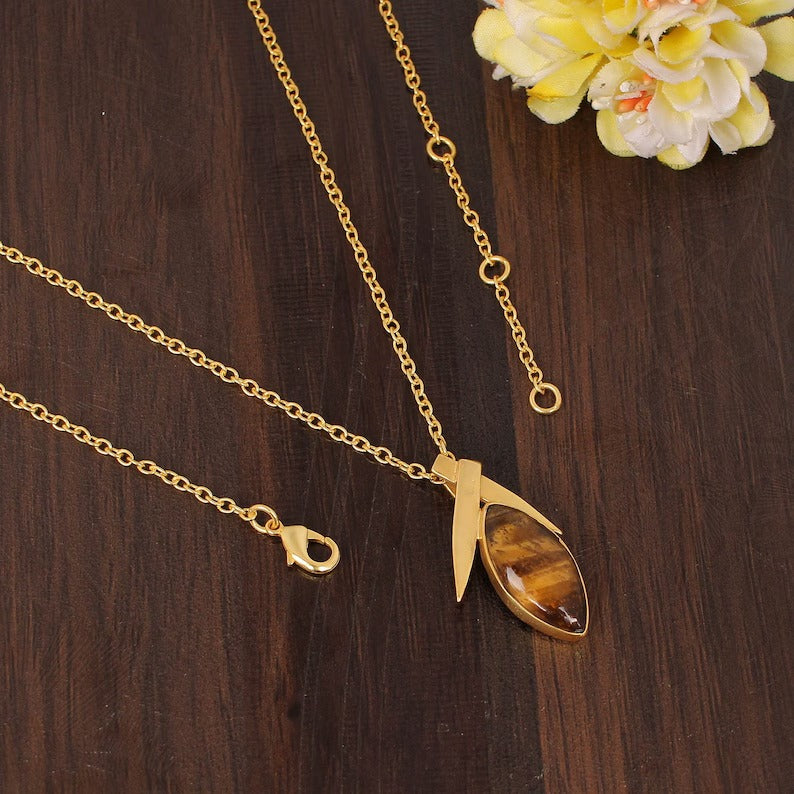 Natural Tiger's Eye Gemstone Gold Plated Brass Necklace