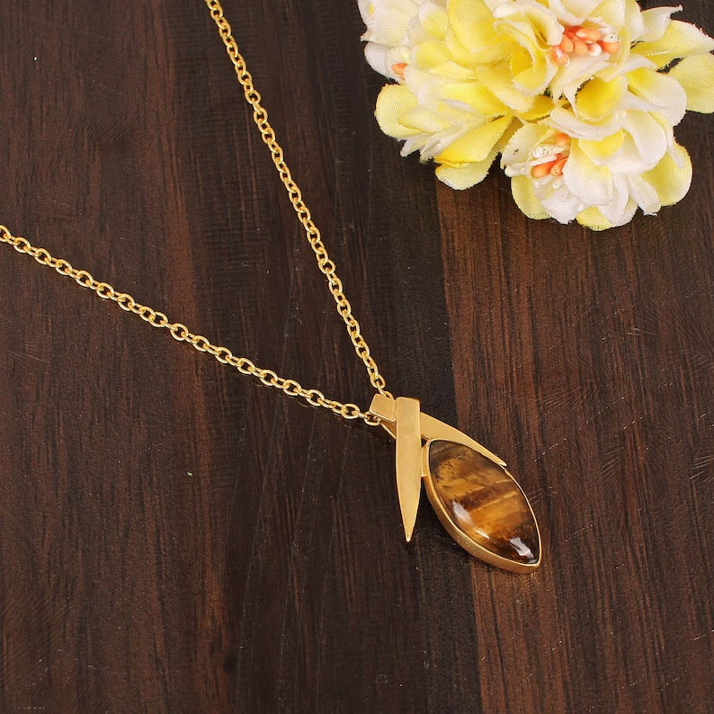 Natural Tiger's Eye Gemstone Gold Plated Brass Necklace