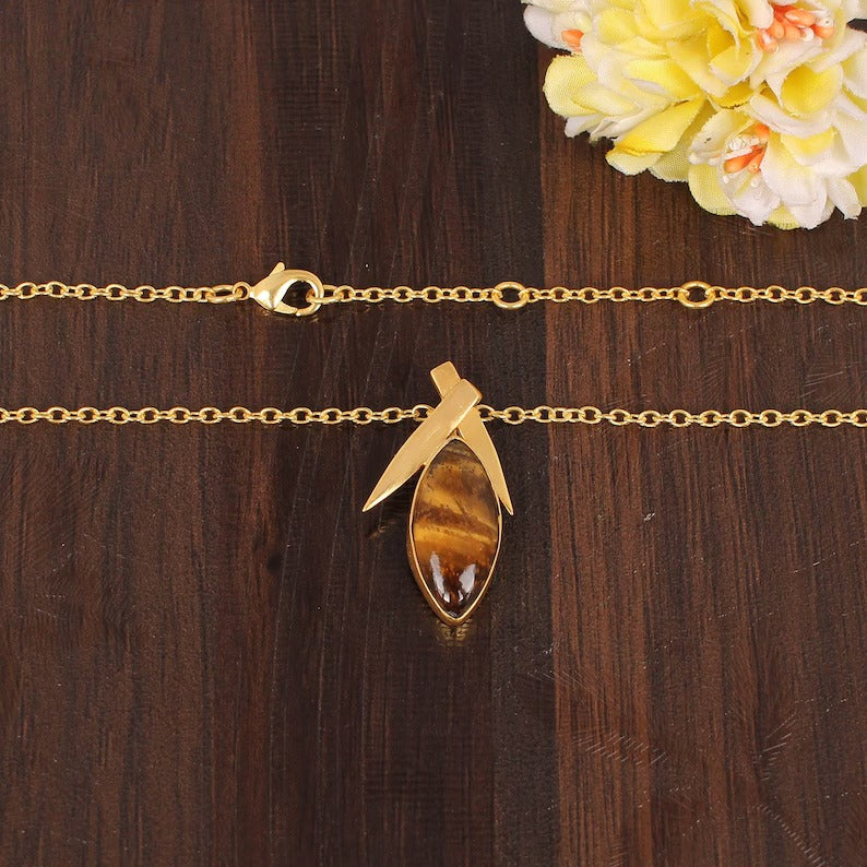 Natural Tiger's Eye Gemstone Gold Plated Brass Necklace