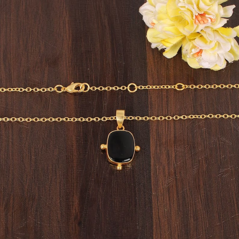 Black Onyx Gemstone Gold Plated Brass Necklace