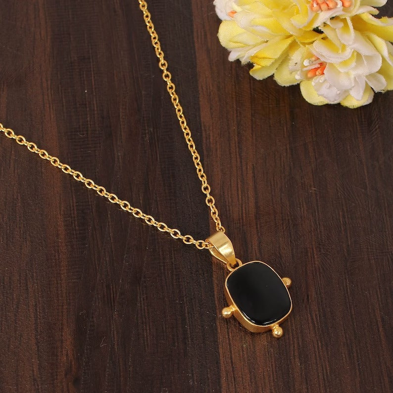 Black Onyx Gemstone Gold Plated Brass Necklace