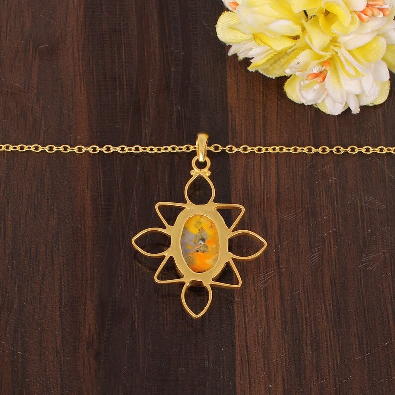 Natural Bumble Bee Jasper Gemstone Gold Plated Brass Necklace