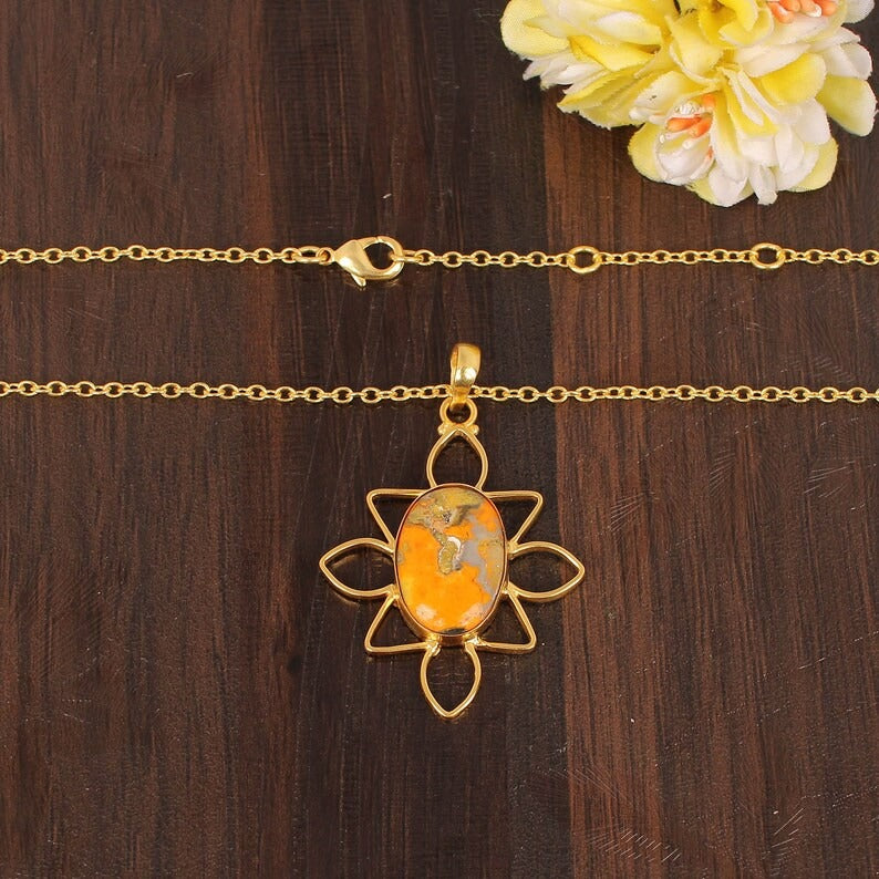 Natural Bumble Bee Jasper Gemstone Gold Plated Brass Necklace