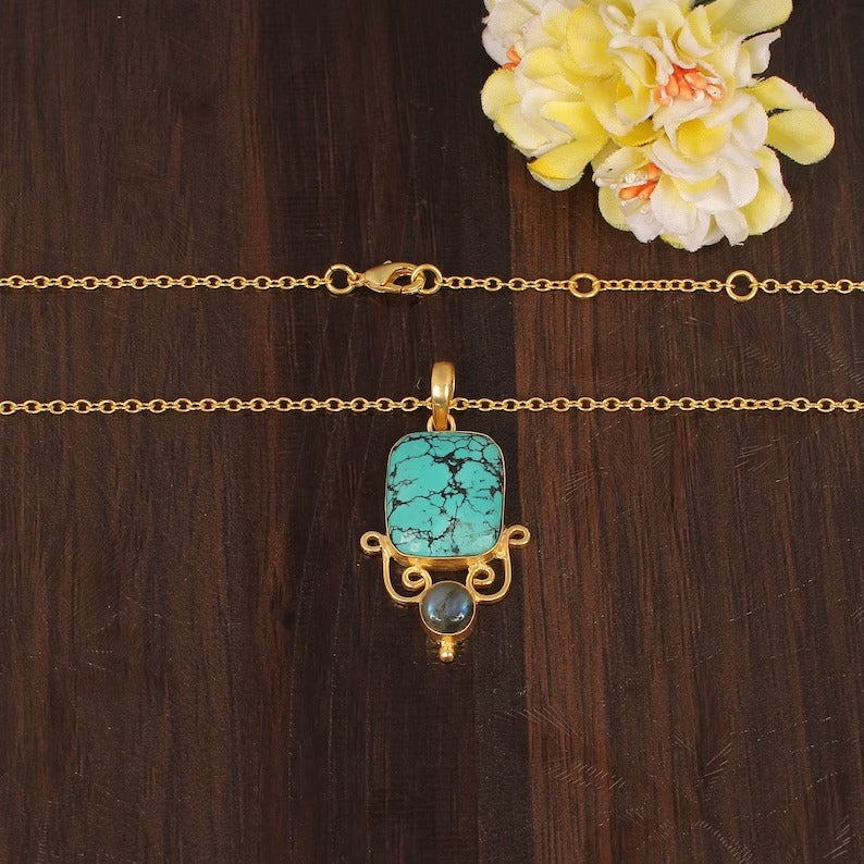 Natural Tibetan Turquoise & Labradorite Gemstone Brass Necklace